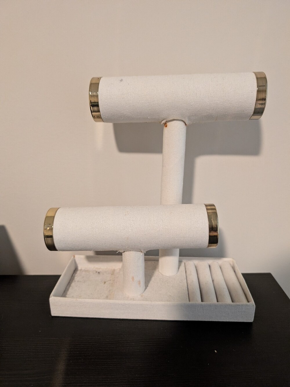 White Jewelry T-Bar Display Stand with Gold Accents